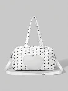 ROMWE 1 pieza Bolso de tote de mujer con decoración de lazo a rayas, colgante de nota musical estrella azul kawaii dulce y lindo, estilo retro Y2K, de moda y sencillo, con múltiples bolsillos, de gran capacidad, adecuado para compras, viajes, ir al trabajo, universidad - Blanco - Ver 5