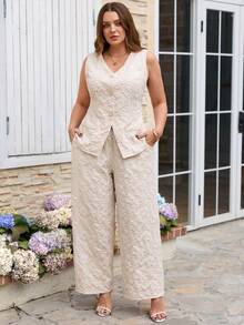 Ellevyn 大码女式花卉提花背心和阔腿裤优雅两件套 - 杏色 - 查看 6