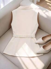 Franclia Áo khoác blazer mỏng dành cho nữ cỡ lớn, cổ chữ V hai mặt, thắt lưng nhún eo với khóa kim loại, gấu áo có thể mở, túi, kiểu dáng thanh lịch Pháp lãng mạn cổ điển, phù hợp cho công sở, đi biển, phong cách tối giản, đa năng, bộ sưu tập Xuân/Hè mới. - Màu be - Xem 2