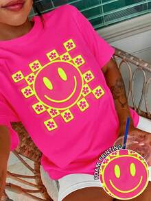 DrmWander 大码女式花卉笑脸印花休闲百搭日常短袖T恤 - 玫紅色 - 查看 1