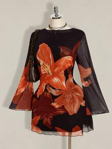 SHEIN ICON 大码女式秋季连衣裙，女式长袖连衣裙，Y2K复古大碎花网纱喇叭袖性感节日连衣裙，日常穿着 - 橘色 - 查看 4