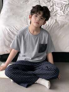 Dazy Kids Tween Boy Plaid Short Sleeve Top And Pants Pajama Set - Grey - View 7