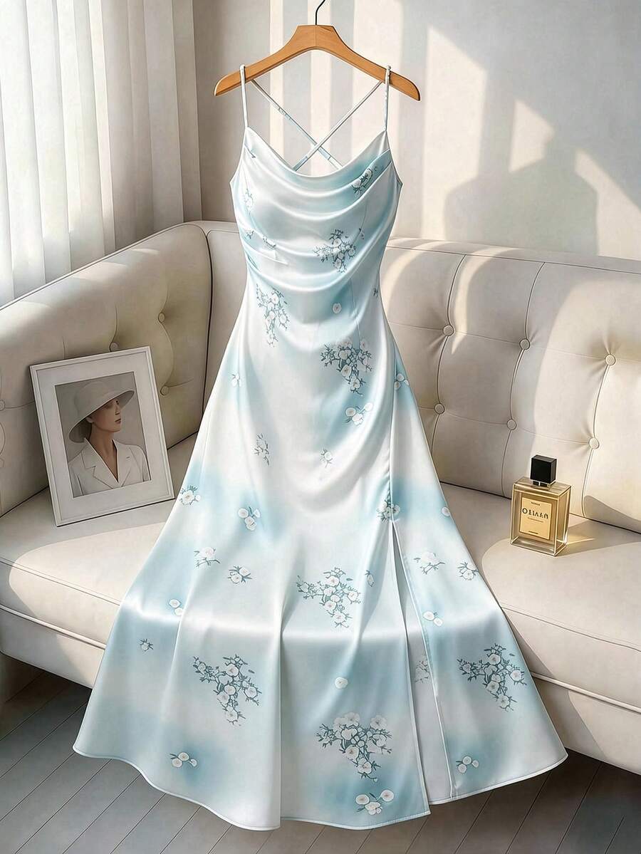 GlowEve 女士优雅缎面印花吊带高开衩连衣裙，春夏款 - 彩色 - 查看 1