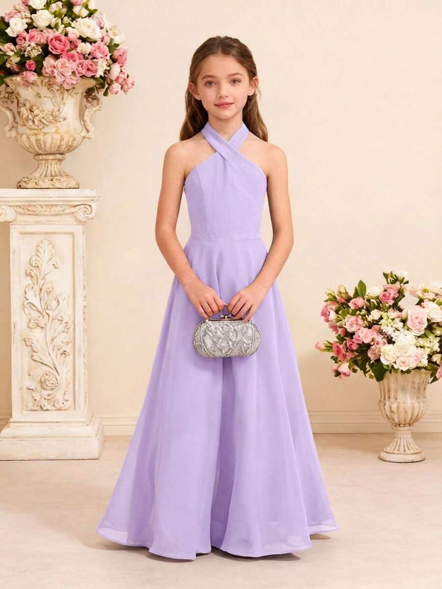 Pitira Tween Girls Elegant Halter Dress, Flower Girl Wedding Party Gown - Mauve Purple - View 1