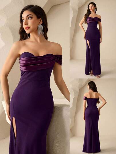 Coutiva Vestido de dama de honor de unicolor elegante con abertura alta para fiesta