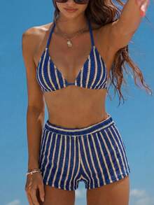 SHEIN 3pcs/Set Bohemian Style Crochet Fabric Drawstring Bikini Set With Cover Up For Teen Girls - Multicolor - View 7