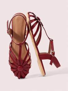 CUCCOO DOLLMOD 春夏新款女士户外凉鞋，镂空细带花朵罗马凉鞋，圆头厚底防滑休闲舒适女鞋 - 紅色 - 查看 1