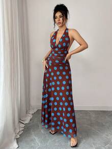 Elenzga Women's V-Neck Ruched Halter Dress, Fashionable French Polka Dot Long Vacation Dress - Brown - View 6