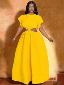 Veslaya 2026 Spring/Summer Plus Size Women's Music Festival, Easter, Western, Nomadic, Birthday Party, Graduation, College, Student, Daily Casual, Basic, Leisure, Vacation, Cruise Travel, Beach, Sunbathing, Trending, Streetwear, Wedding Guest, Commute, Brunch, Airport, Party, Holiday Outing, Elegant Gala, Ball, Casual, High-End Elegant Yellow Crinkle Cutout Waist Round Neck Short Sleeve A-Line Dress, Women Plus Size Dress - Yellow - View 2