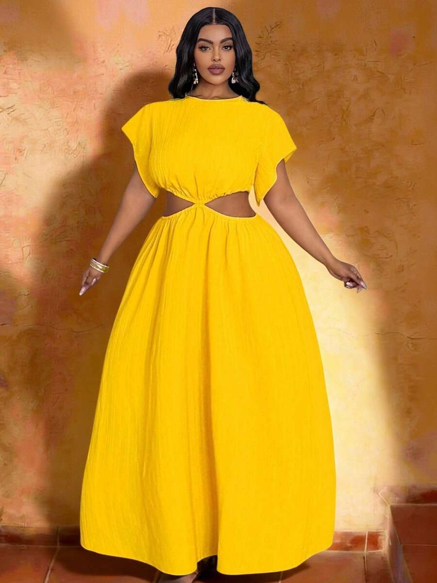Veslaya 2026 Spring/Summer Plus Size Women's Music Festival, Easter, Western, Nomadic, Birthday Party, Graduation, College, Student, Daily Casual, Basic, Leisure, Vacation, Cruise Travel, Beach, Sunbathing, Trending, Streetwear, Wedding Guest, Commute, Brunch, Airport, Party, Holiday Outing, Elegant Gala, Ball, Casual, High-End Elegant Yellow Crinkle Cutout Waist Round Neck Short Sleeve A-Line Dress, Women Plus Size Dress