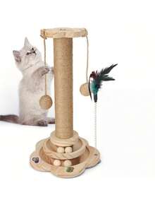 1PC Tall Wooden Multifunctional Cat Scratching Post Two Level Track Ball Interactive Feather Toy Hanging Balls Durable Mess Free Indoor Cats Kittens Adults Pet Supplies - Brown - View 2