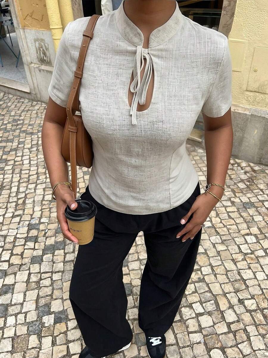 Siren Gaze 女士棉麻短袖衬衫，春夏新品 - 杏色 - 查看 1