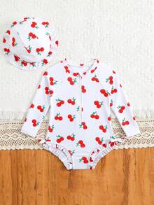1 pieza Traje de baño de una pieza de manga larga para bebé/niña con cierre, moño lindo y estampado floral, incluye sombrero - Blanco - Ver 8