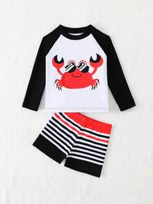 SHEIN 2pcs Baby/Toddler Boys' Swimwear Set,Cute Cartoon Crab Graphic Long Sleeve Rashguard & Trunks,White Summer Vacation Holiday Beach Outfit Rash Guard - Multicolor - View 4