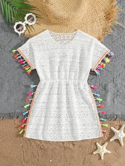 Áo khoác lưới móc màu trắng cho bé gái, váy tua rua nhiều màu sắc thời trang dễ thương, thích hợp cho mùa hè, đi biển, kỳ nghỉ.