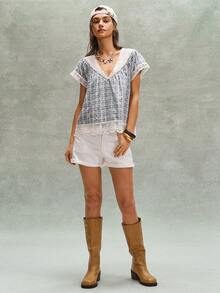 Bohemela 女士休闲编织拼接V领短袖宽松衬衫 - 藍色 - 查看 8