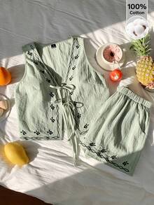 SHEIN EZwear 女士休闲刺绣梭织套装，绿色 - 綠色 - 查看 9