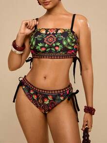 Travachic Plus Size Vacation Beach Plant Print Swimwear Set - Multicolor - View 1