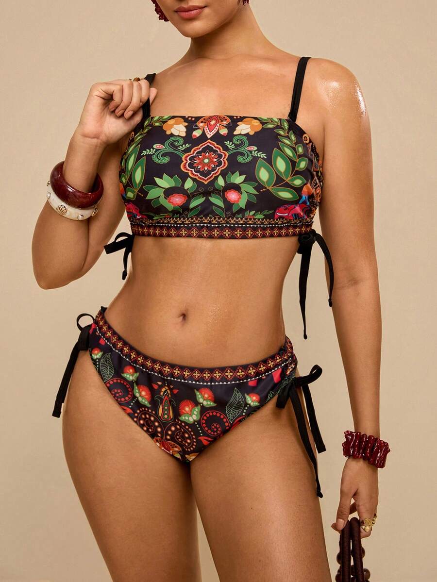 Travachic Plus Size Vacation Beach Plant Print Swimwear Set - Multicolor - View 1