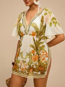 Travachic Áo khoác ngoài đi biển dáng rộng cổ chữ V in họa tiết hoa nhiệt đới cỡ lớn dành cho nữ, thích hợp cho kỳ nghỉ thường ngày. - màu xanh lá - Xem 7