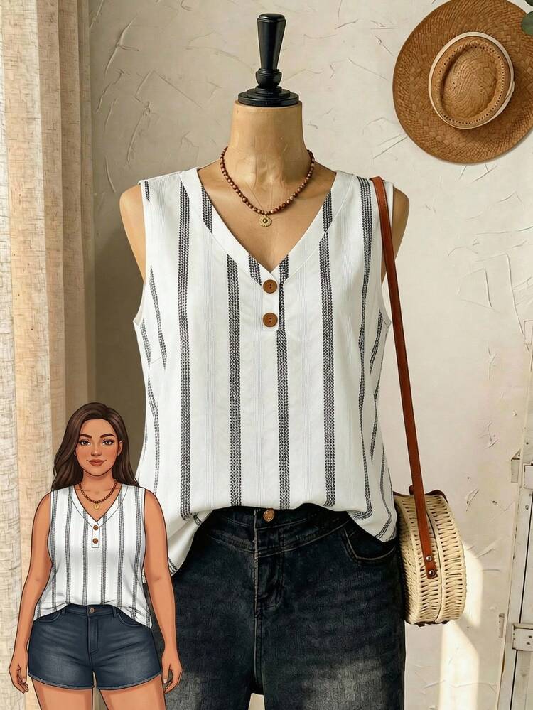 Plus Size Casual Striped Tank Top