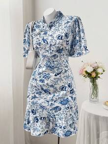 Flirla Damen Große Größen Urlaubsstil blaues Blume Muster Cheongsam Kleid - Verschiedenfarbig - Übersicht 6