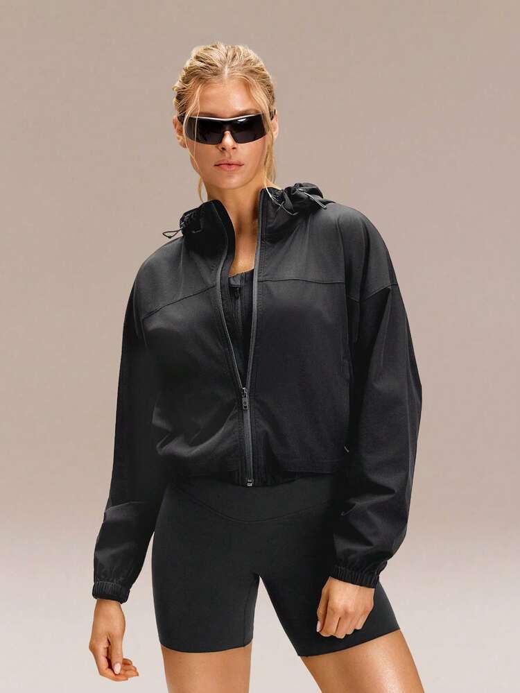 Steady Strides Waist-Length Sunproof Water-Resistant Drawstring Side Pockets Relaxed Fit Zip-Up Packable Hoodie Travel Running Jogging Outdoor Workout Gym Daily Active Wear