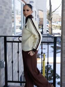 Melissa Matos Women's Autumn/Winter Thermal-Lined Contrast Color Ribbon Embroidered Loose Polo Neck Sweatshirt For Going Out Outfits, Streetwear, Y2K Clothes - Yellow - View 6