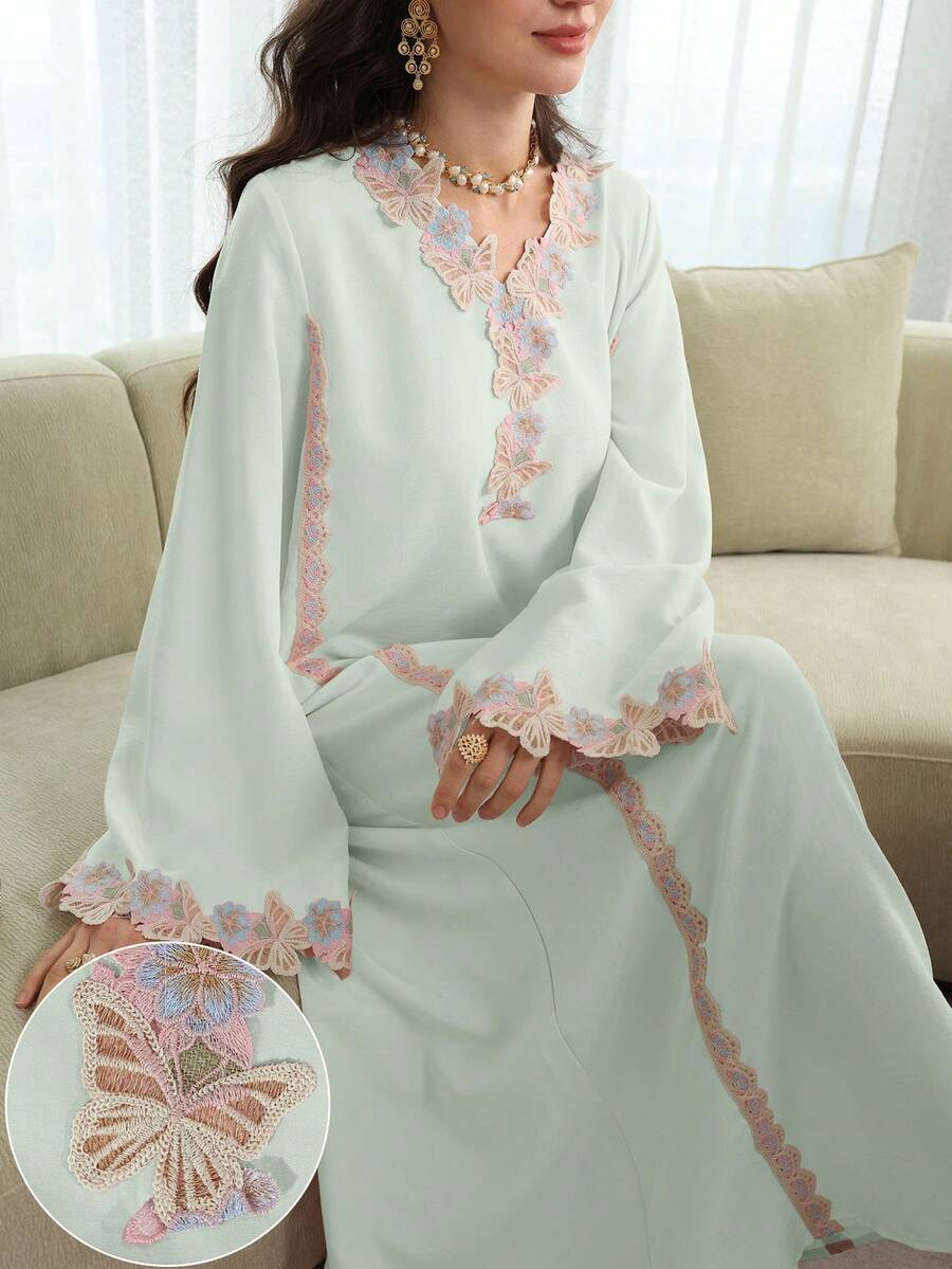Yasmyna V领刺绣贴花粉色宽松休闲长袖喇叭形优雅睡袍 - 綠色 - 查看 1