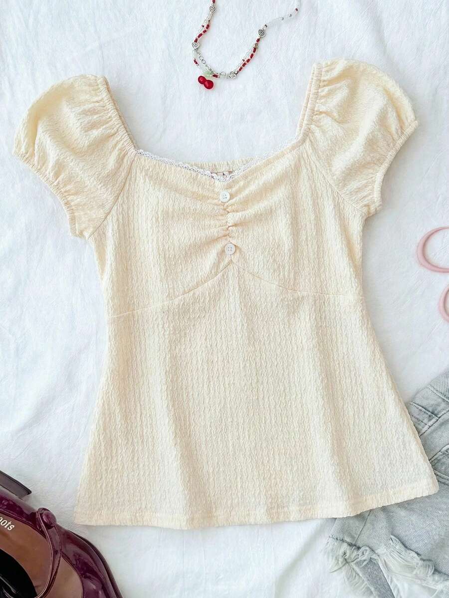 SHEIN 少女休闲简约舒适格子露背吊带衬衫娃娃衫甜心领上衣方领上衣夏季上衣女装时尚上衣13-14岁女孩衬衫儿童衬衫可爱女孩上衣女士夏季上衣 - 彩色 - 查看 1