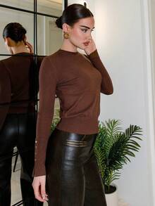 Bris Aura All-Match Round Neck Casual Versatile Long Sleeve Knit Undershirt Brown Long Sleeve Top Dark Brown Top Chocolate Brown Top Coffee Brown Top Brown Top Women - Coffee Brown - View 4
