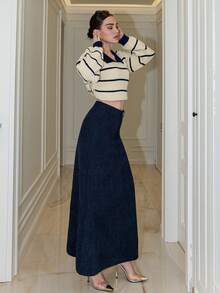 Bris Aura Women's Solid Color Long Elegant Commuting A-Line Skirt With Pockets - Navy Blue - View 4