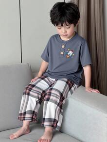 SHEIN Genkimix Kids 两件套男童可爱火箭格子印花短袖上衣和格子长裤休闲家居服套装 - 灰色 - 查看 11