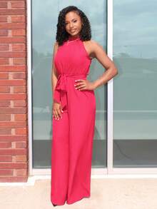 Steph T 度假高领开叉哈伦连体裤带口袋 - E 勃艮第连体裤红色连体裤女装度假连体裤红色连体裤 - 酒紅色 - 查看 4