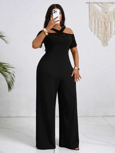 Villa Velisse Plus Size Elegant Solid Color Lace Patchwork Off-Shoulder Jumpsuit, Summer