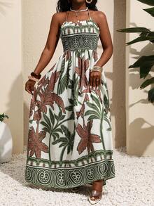 Xyvia 女士时尚度假休闲垂褶系带连衣裙，适合度假和海滩穿着 - 綠色 - 查看 4