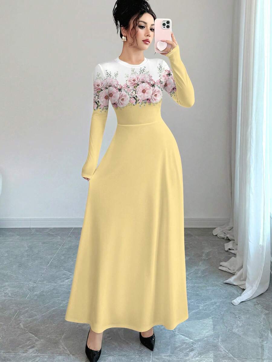 Modelyn 优雅的粉白渐变花卉印花浅黄色时尚圆领长袖连衣裙，春季A字腰线设计，适合日常、假日和度假穿着。 - 彩色 - 查看 1