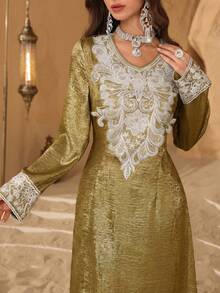 Al Najma New Arrival Turkish Robe With Gold Foil, Embroidery, Mesh Collar And Floral Lace Trim, Luxury Long Dress - Gold - View 1
