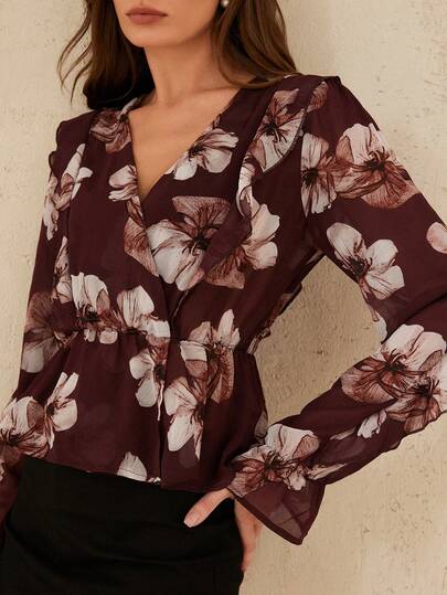 Aveloria Rosie Elegant French Style Floral Print Chiffon V-Neck Ruffle Hem Elastic Waist Long Sleeve Blouse, Versatile For Commuting