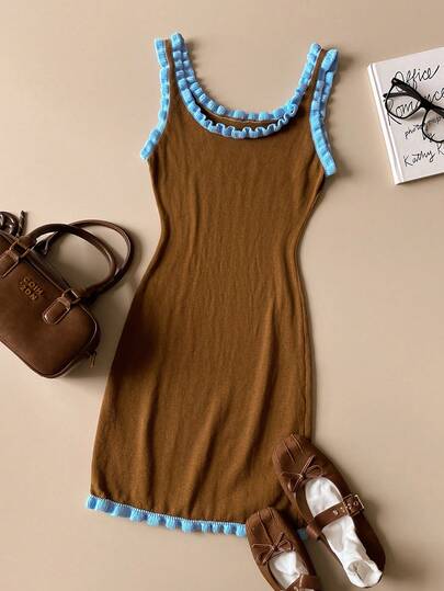 Muvela Brown Square Collar Blue Contrast Ruffle Trim Fitted Slimming Knit Dress, Sweet Girl Vibe, Retro College Style, Versatile For Daily, Sisterly Gathering, Afternoon Tea, Date, Elegant Vintage Chic, Casual Office, Graduation, St. Patrick's Day, Airport, Summer Holiday