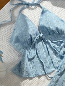 Elamini Petite Bộ đồ 2 món gồm áo hai dây và quần ống đứng dáng rộng bằng vải jacquard dành cho nữ, thích hợp cho mùa xuân/hè. - Màu xanh lam - Xem 2