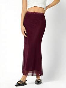 LYSMO 女士高腰酒红色中长裙，采用撞色网纱美人鱼裙摆和蕾丝饰边。 - 酒紅色 - 查看 5