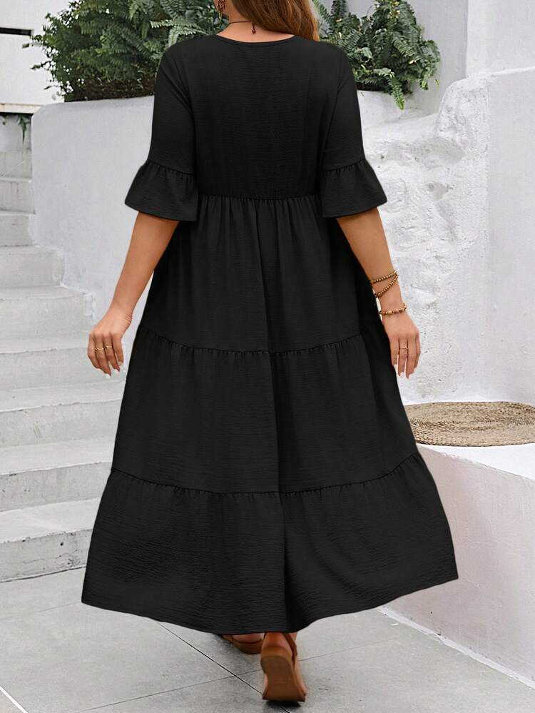 Plus Size Women's Deep V-Neck Ruffle Sleeve Multi-Tiered Hem Long Yellow Dress For Summer