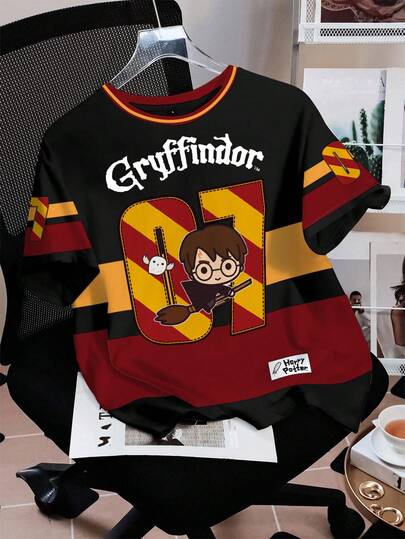 HARRY POTTER X SHEIN Women's Casual Colorblock Cartoon Number Print T-Shirt, Summer