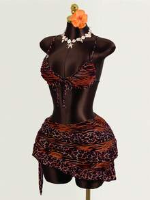 Zestiva 2026新款豹纹三件套泳衣，性感比基尼套装，沙滩泳装，女士泳衣，两件套泳衣，动物纹比基尼 - 紅色 - 查看 4