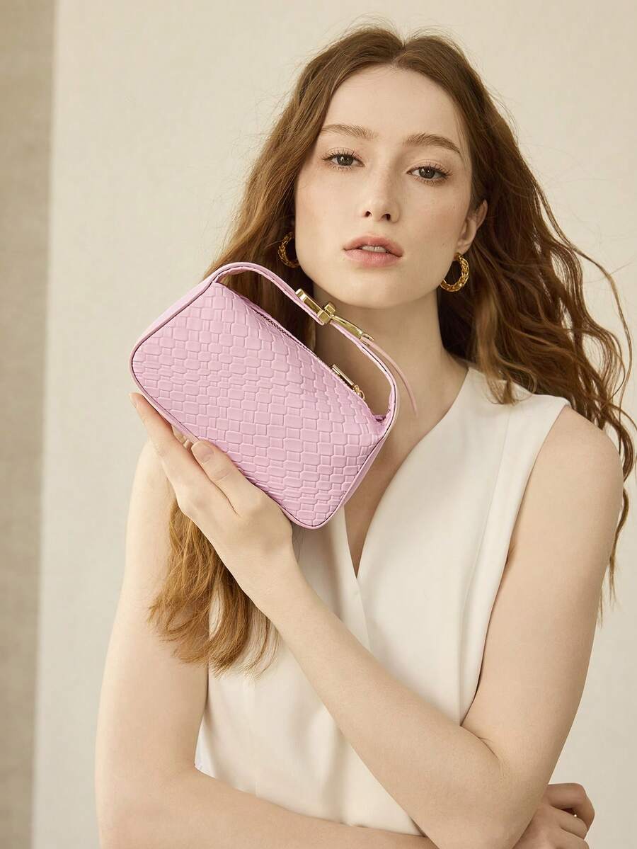 MOTF PREMIUM LADIES EXQUISITE WOVEN EMBOSSED MATERIAL HANDBAG WITH SMALL HARDWARE DECORATION DETAILS,NEW YEARS - Pink - View 1