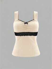 SHEIN Áo nữ dây dày, phối ren tương phản, thắt nơ trang trí - Màu be - Xem 3