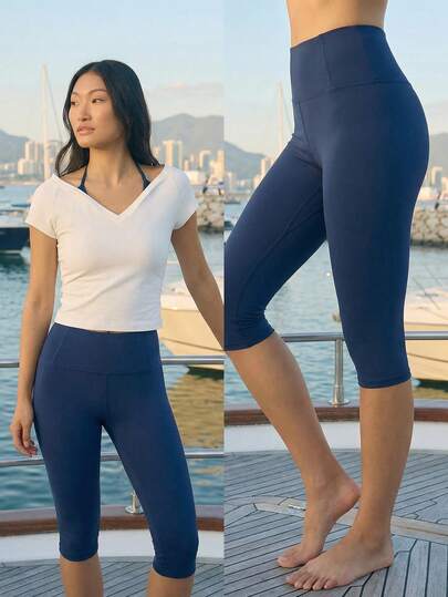 Fluxe Women's Solid Color Elastic Waist Casual Versatile Bermuda Leggings