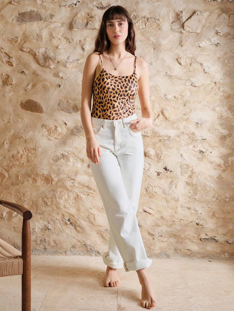 Leopard Muster figurbetonter Bodysuit mit schmalen Trägern, Frühling Sommer Französischer Stil Pariser Stil
