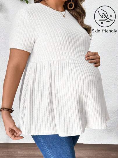 SHEIN Plus Size Pregnant Women Solid Color Round Neck Short Sleeve Casual Ribbed Top